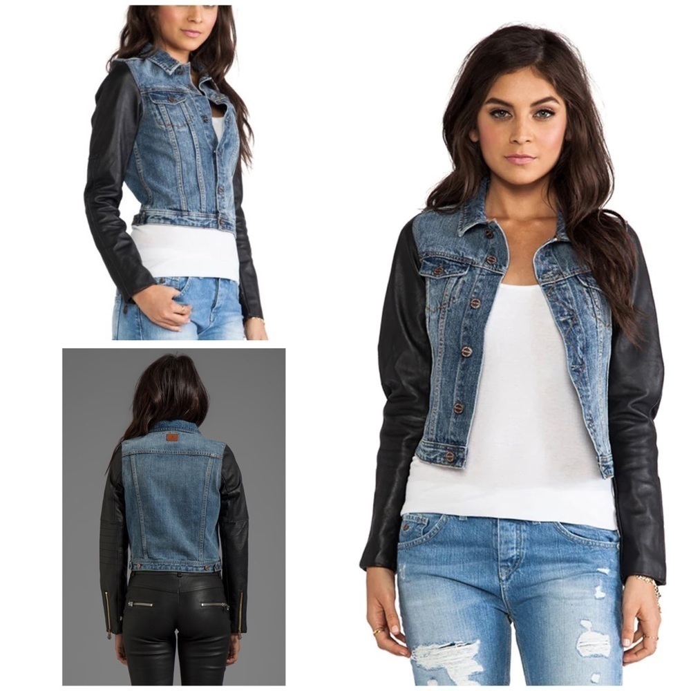 Maison Scotch Leather Sleeve Cropped Denim Jacket Petite XS/S  Moto Jean Jacket​